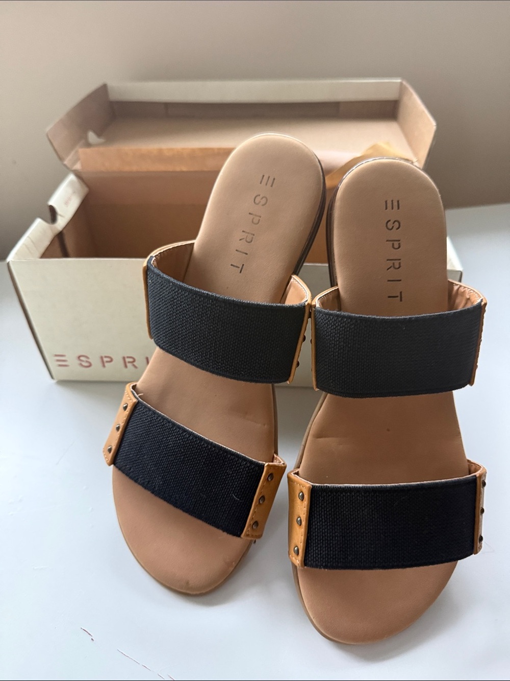 Esprit Black and Tan Double-Band Slide Sandals